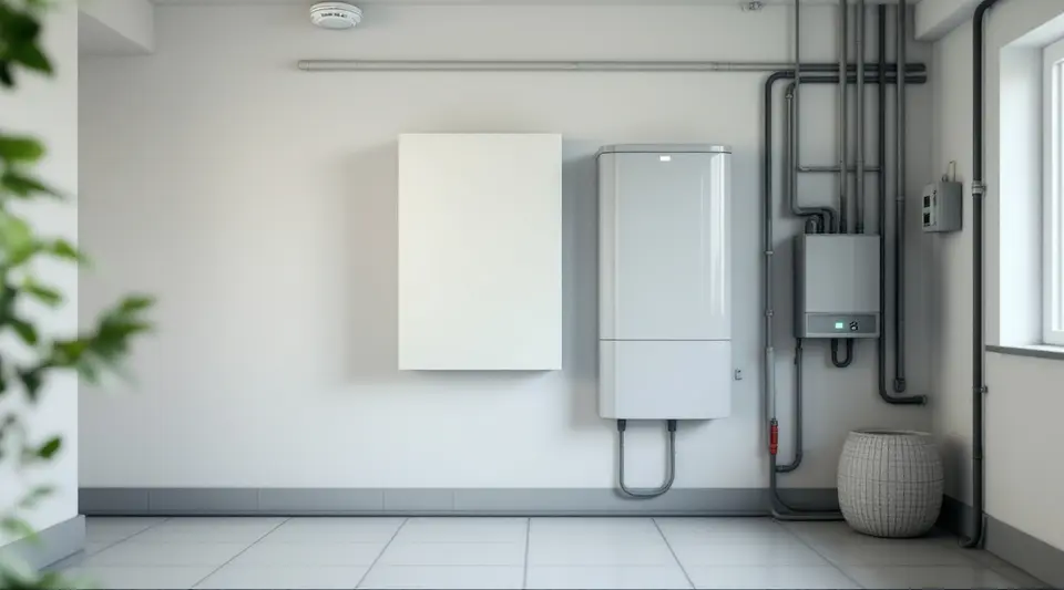 Een witte thuisbatterij en een omvormer aan de muur van een bijkeuken, met kabelgoten naar de meterkast