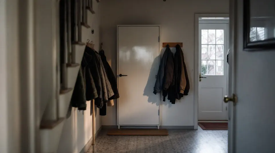 Een smalle gang in een jaren dertig huis met een dichte witte meterkastdeur onder de trap en jassen aan de wand