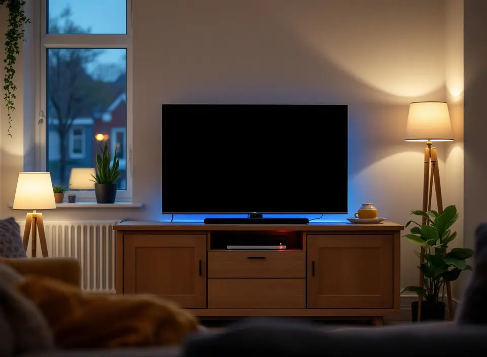 Een woonkamer in de schemer met twee schemerlampen aan, een uitgeschakelde televisie en een klein rood stand-bylampje in het tv-meubel